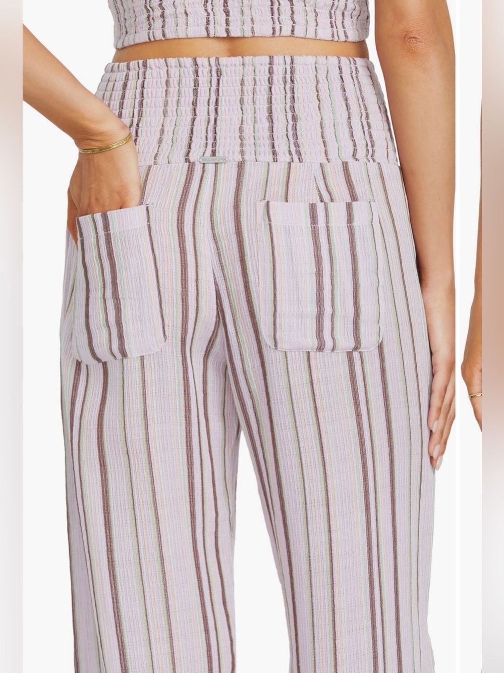 Billabong Smocked-Waist Wide Leg Striped Pants - Cream & Black Small - Picture 5 of 8